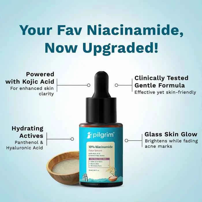 Pilgrim 10% Niacinamide Face Serum | With Kojic Acid & Korean Rice Water | Reduces Acne Marks & Minimizes Pores | Glass Skin Serum | 30ml