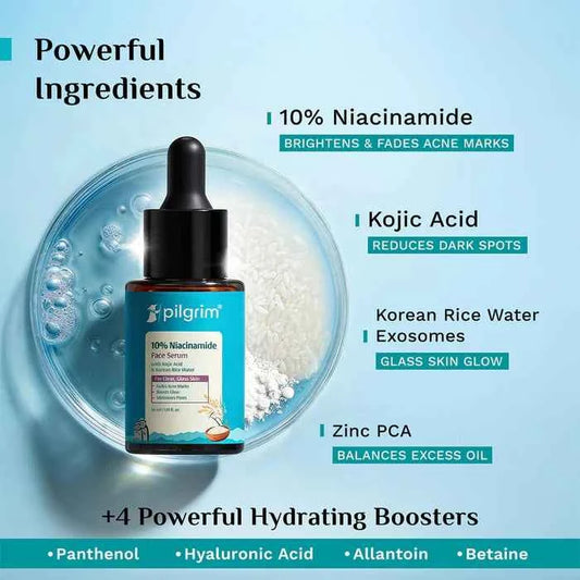 Pilgrim 10% Niacinamide Face Serum | With Kojic Acid & Korean Rice Water | Reduces Acne Marks & Minimizes Pores | Glass Skin Serum | 30ml