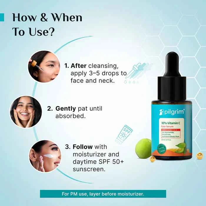 pilgrim 10% vitamin c face serum | with 5% niacinamide, glutathione & australian kakadu plum | triple glow brightening serum | 25ml