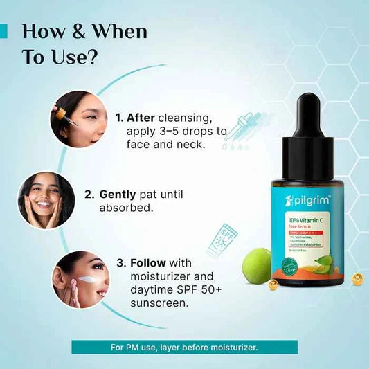 Pilgrim 10% Vitamin C Face Serum | With 5% Niacinamide, Glutathione & Australian Kakadu Plum | Triple Glow Brightening Serum | 25ml