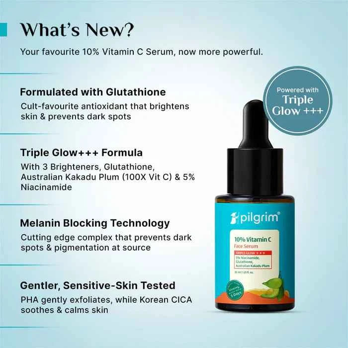 pilgrim 10% vitamin c face serum | with 5% niacinamide, glutathione & australian kakadu plum | triple glow brightening serum | 25ml