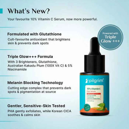 Pilgrim 10% Vitamin C Face Serum | With 5% Niacinamide, Glutathione & Australian Kakadu Plum | Triple Glow Brightening Serum | 25ml