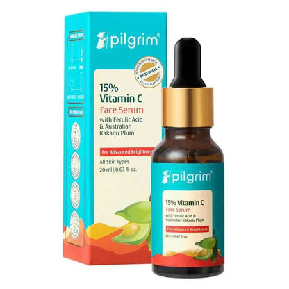 Pilgrim 15% Vitamin C Face Serum | With Ferulic Acid & Australian Kakadu Plum | Advanced Brightening Serum | All Skin Types | 20ml