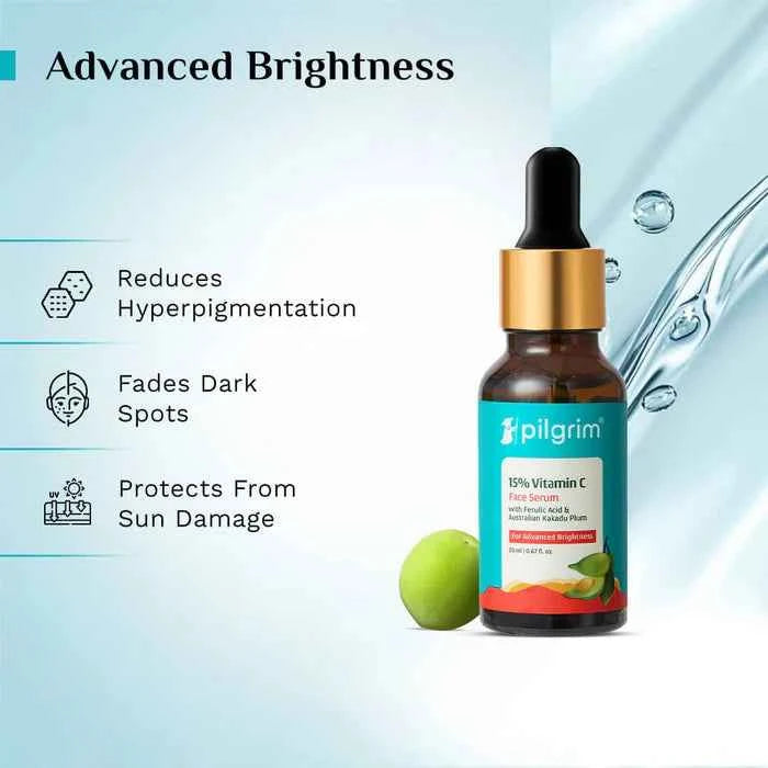 pilgrim 15% vitamin c face serum | with ferulic acid & australian kakadu plum | advanced brightening serum | all skin types | 20ml