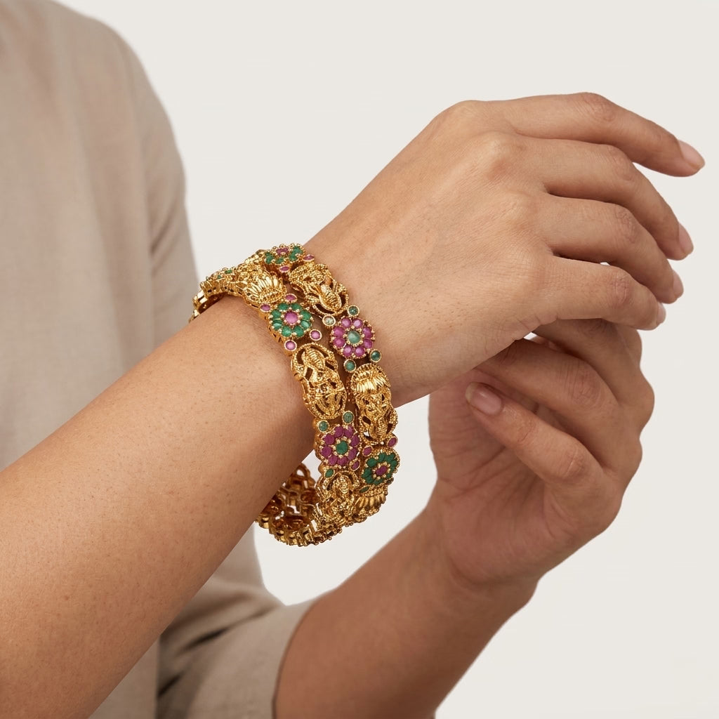 22K Gold Plated Temple Lakshmi Floral Designer Bangles Set for Women