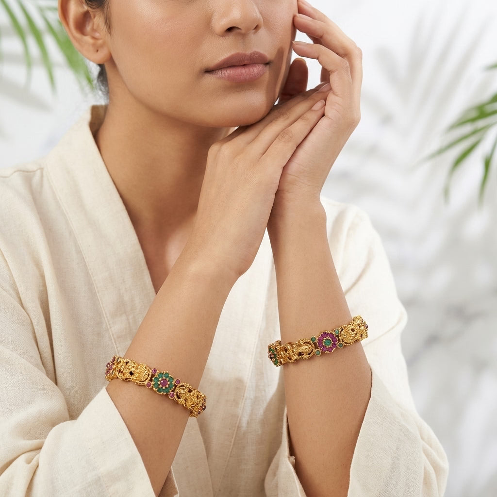22K Gold Plated Temple Lakshmi Floral Designer Bangles Set for Women
