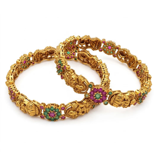 22K Gold Plated Temple Lakshmi Floral Designer Bangles Set for Women