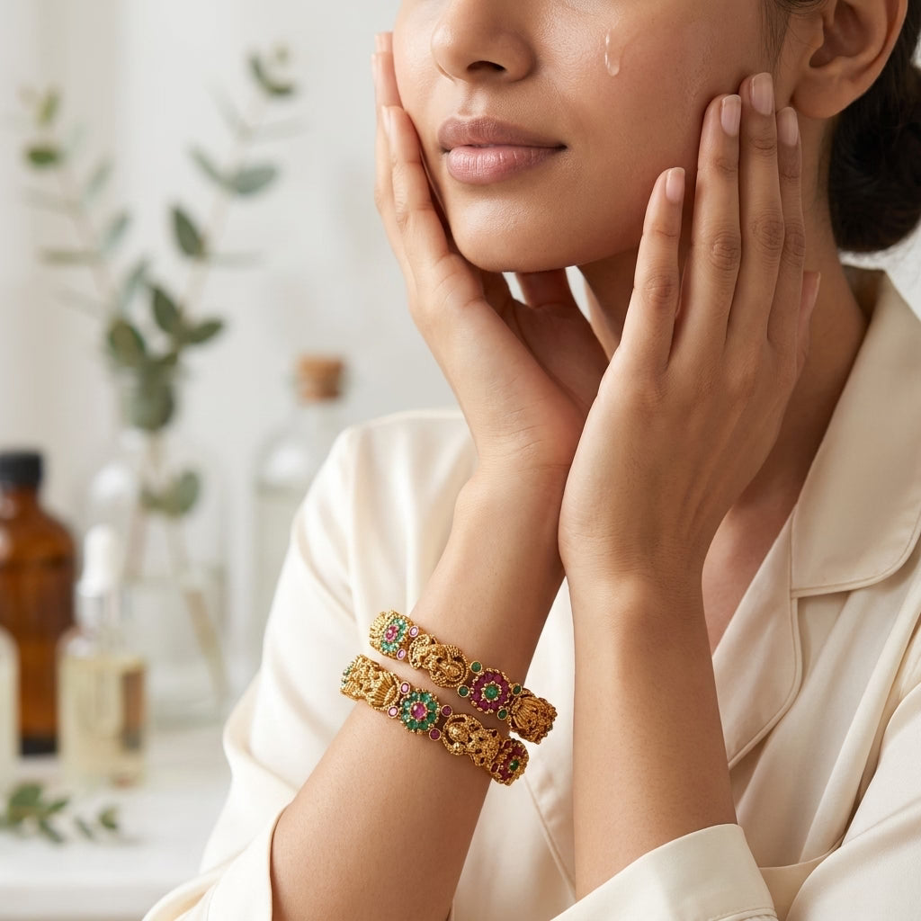 22K Gold Plated Temple Lakshmi Floral Designer Bangles Set for Women