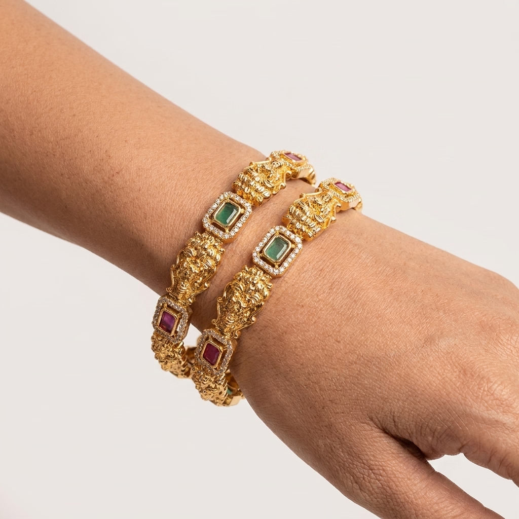 22K Gold Plated Lakshmi Ganesha Temple Designer Bangles Set for Women