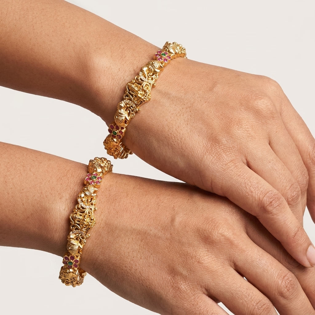 22K Gold Plated Lakshmi Temple Designer Bangles Set for Women, Set of 2
