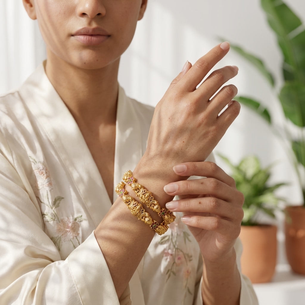 22K Gold Plated Lakshmi Temple Designer Bangles Set for Women, Set of 2
