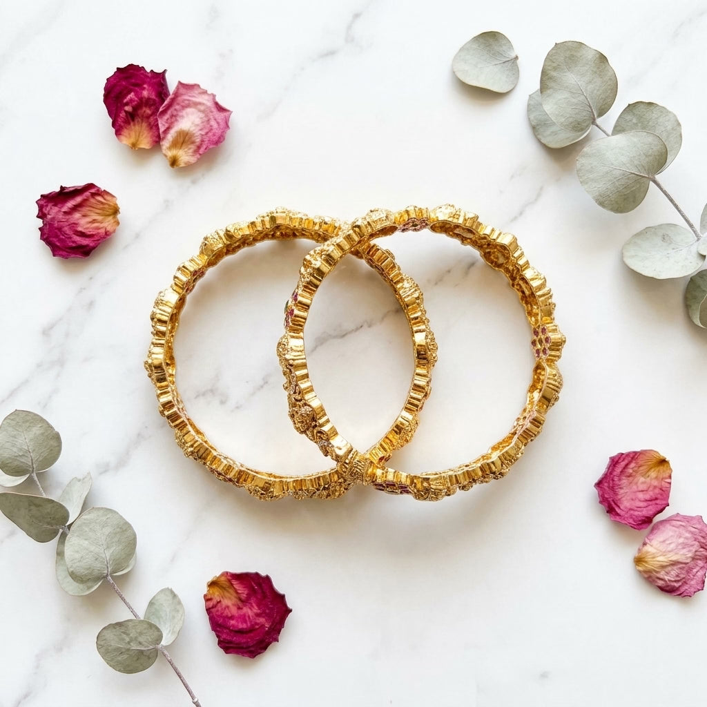 22K Gold Plated Lakshmi Temple Designer Bangles Set for Women, Set of 2