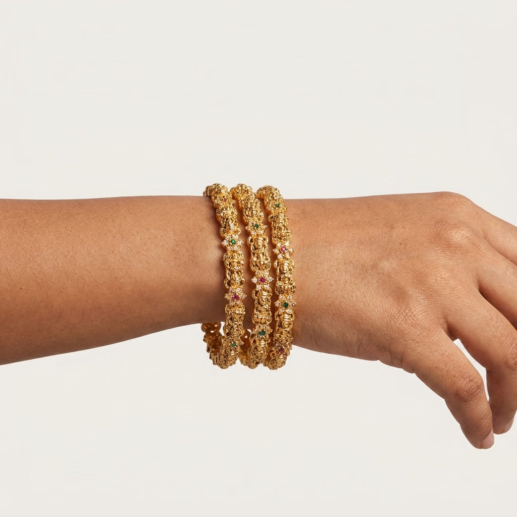 22K Gold Plated Lakshmi Temple Designer Bangles Set for Women, Set of 4