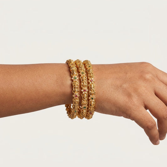 22K Gold Plated Lakshmi Temple Designer Bangles Set for Women, Set of 4