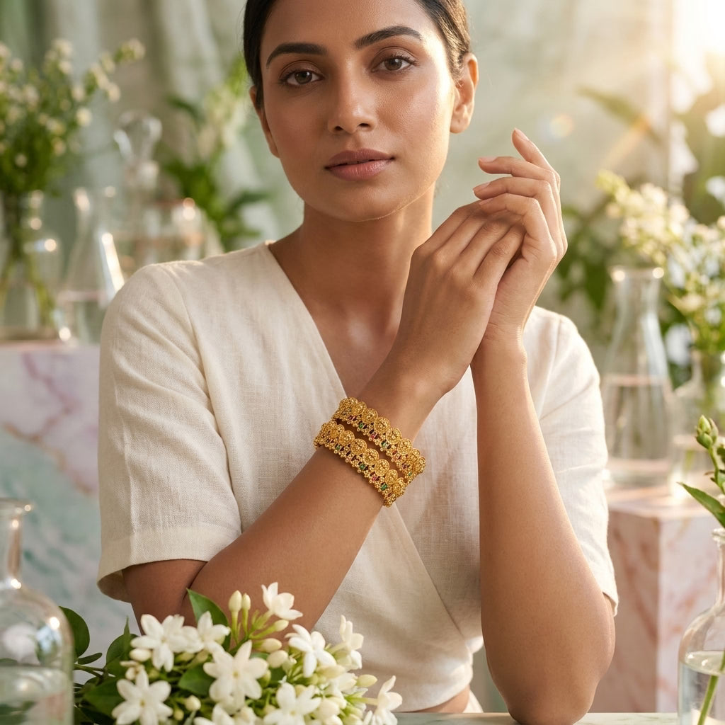 22K Gold Plated Temple Lakshmi Designer Bangles Set for Women