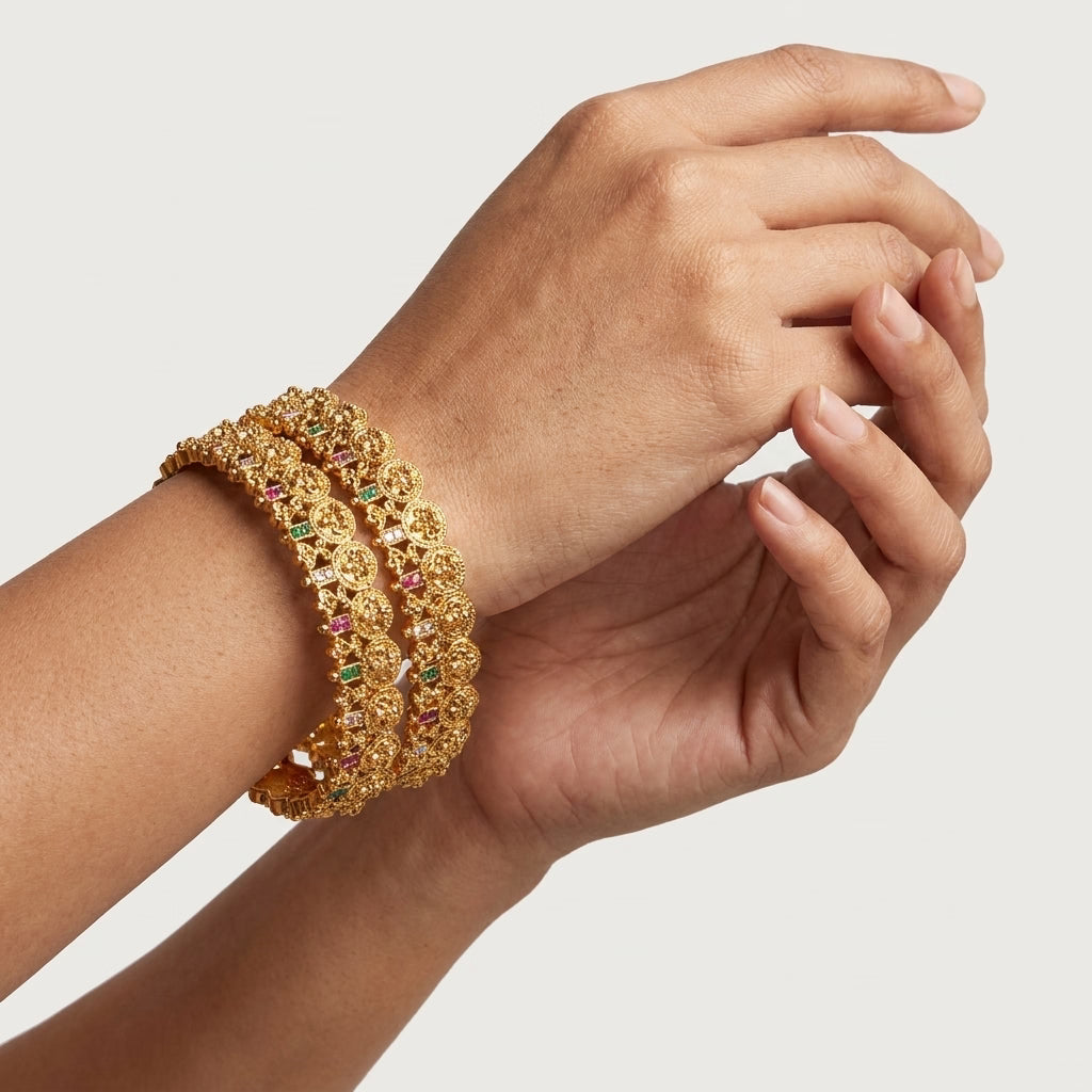 22K Gold Plated Temple Lakshmi Designer Bangles Set for Women