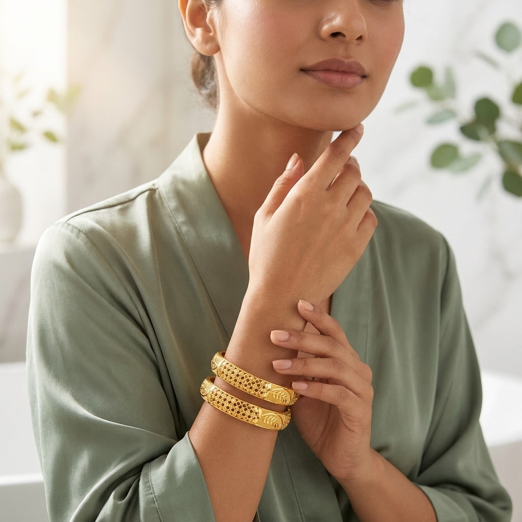 22K Gold Plated Traditional Leaf Designer Bangles Set for Women