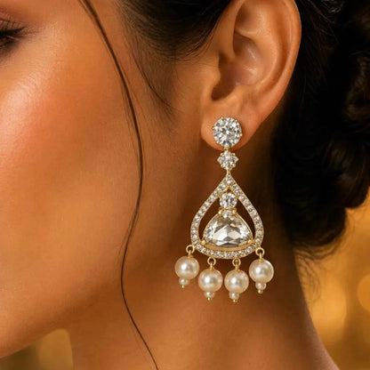 Crystal White Stone Pearl Drop Earrings for Women | American Diamond Party Wear Earrings - GEHNA OFFICIAL