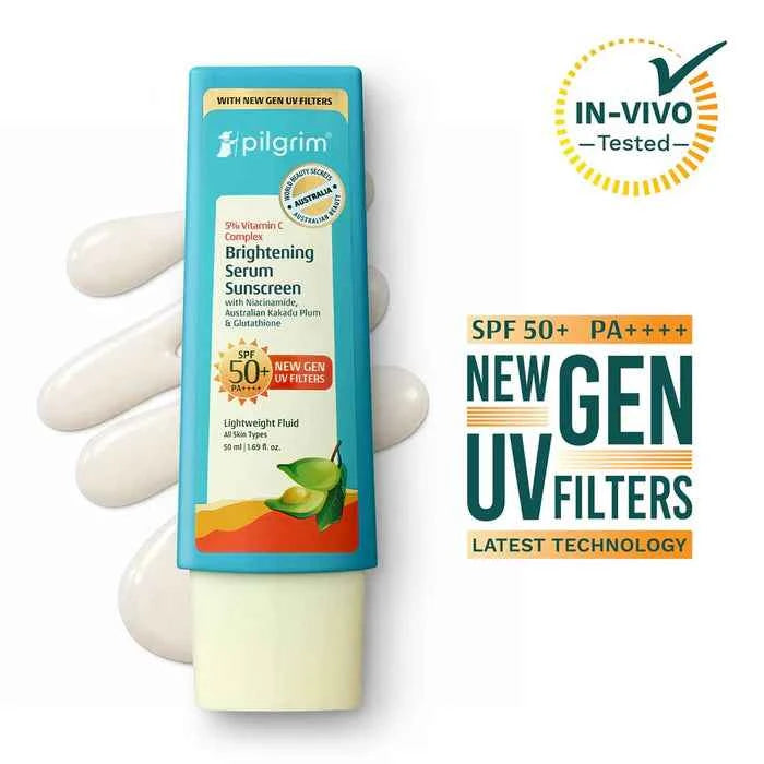 Pilgrim 5% Vitamin C Complex Brightening Serum Sunscreen SPF 50+ PA++++ | With Niacinamide, Kakadu Plum & Glutathione | Lightweight Fluid Sunscreen | 50ml