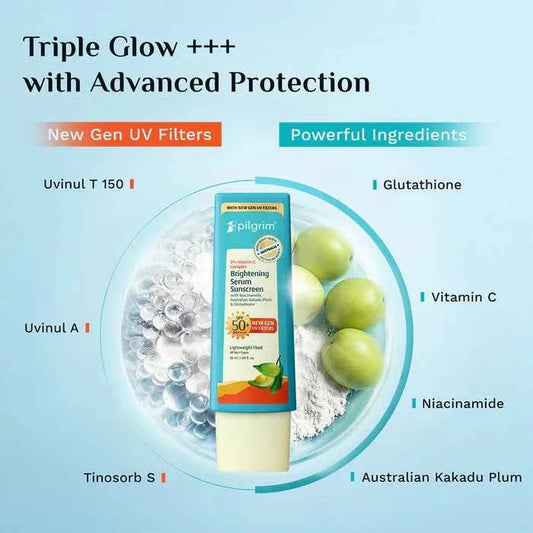 Pilgrim 5% Vitamin C Complex Brightening Serum Sunscreen SPF 50+ PA++++ | With Niacinamide, Kakadu Plum & Glutathione | Lightweight Fluid Sunscreen | 50ml
