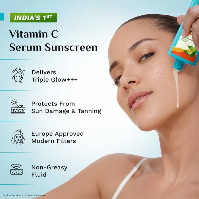 pilgrim 5% vitamin c complex brightening serum sunscreen spf 50+ pa++++ | with niacinamide, kakadu plum & glutathione | lightweight fluid sunscreen | 50ml