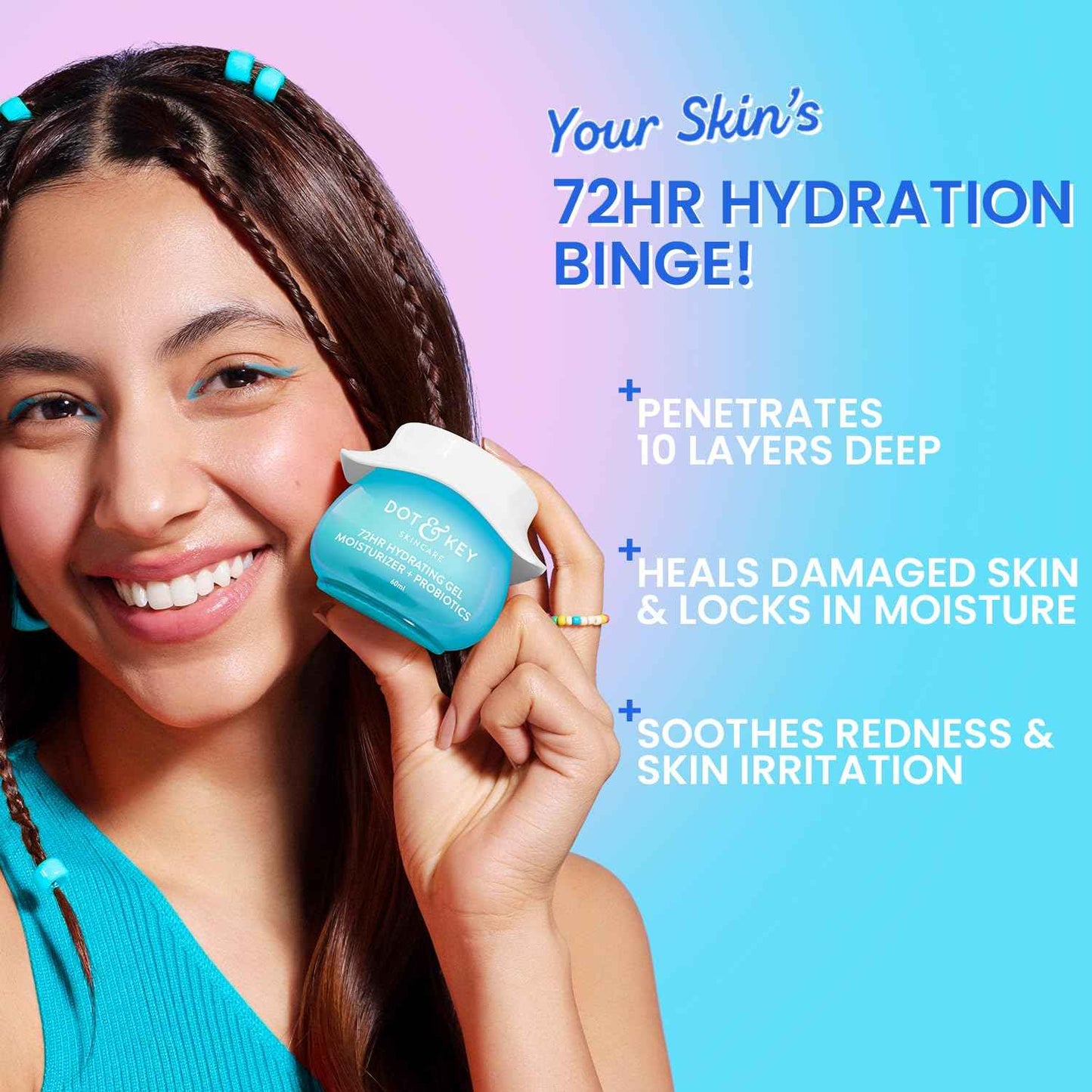 dot & key 72hr hydrating gel moisturizer with probiotics | oil free moisture boost face gel 60ml - gehna official