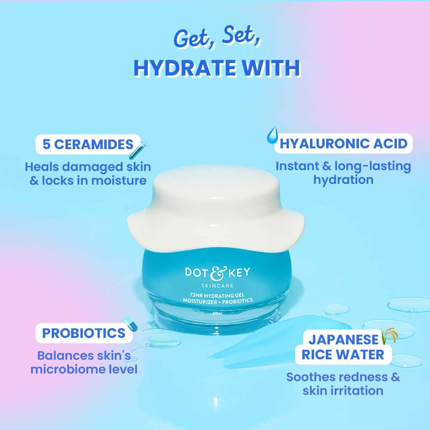 dot & key 72hr hydrating gel moisturizer with probiotics | oil free moisture boost face gel 60ml - gehna official