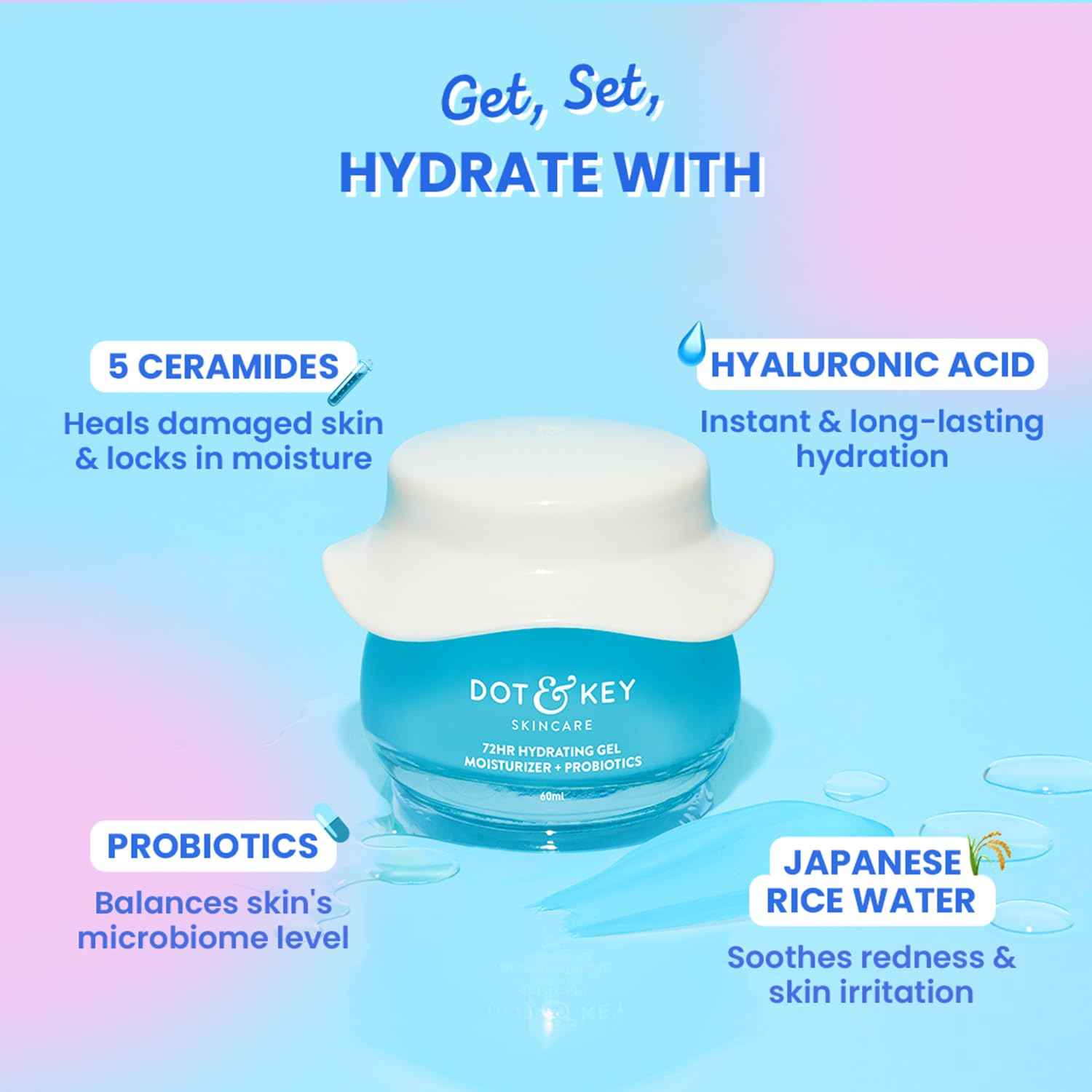 Dot & Key 72Hr Hydrating Gel Moisturizer with Probiotics | Oil Free Moisture Boost Face Gel 60ml - GEHNA OFFICIAL