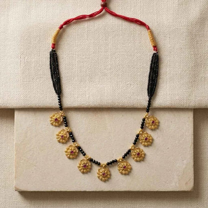 Traditional Floral Gold Plated Short Mangalsutra for Women | Black Bead Designer Mangalsutra Necklace