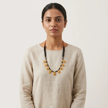 Traditional Floral Gold Plated Short Mangalsutra for Women | Black Bead Designer Mangalsutra Necklace