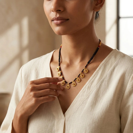 Traditional Floral Gold Plated Short Mangalsutra for Women | Black Bead Designer Mangalsutra Necklace