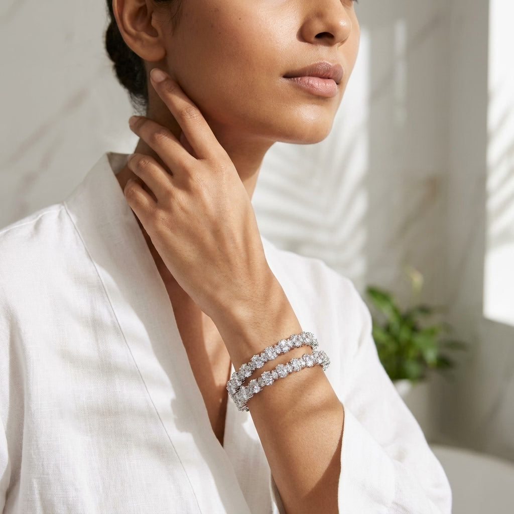 Silver Plated American Diamond Floral Designer Bangles Set for Women