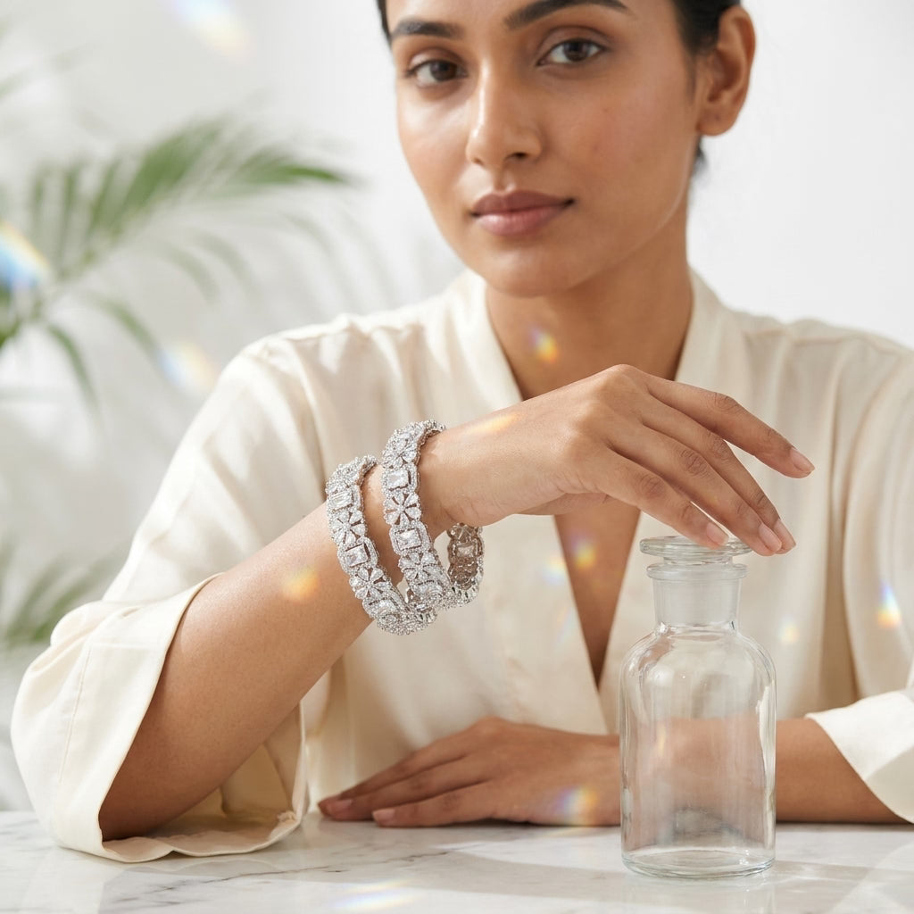 Silver Plated American Diamond Floral Designer Bangles Set for Women