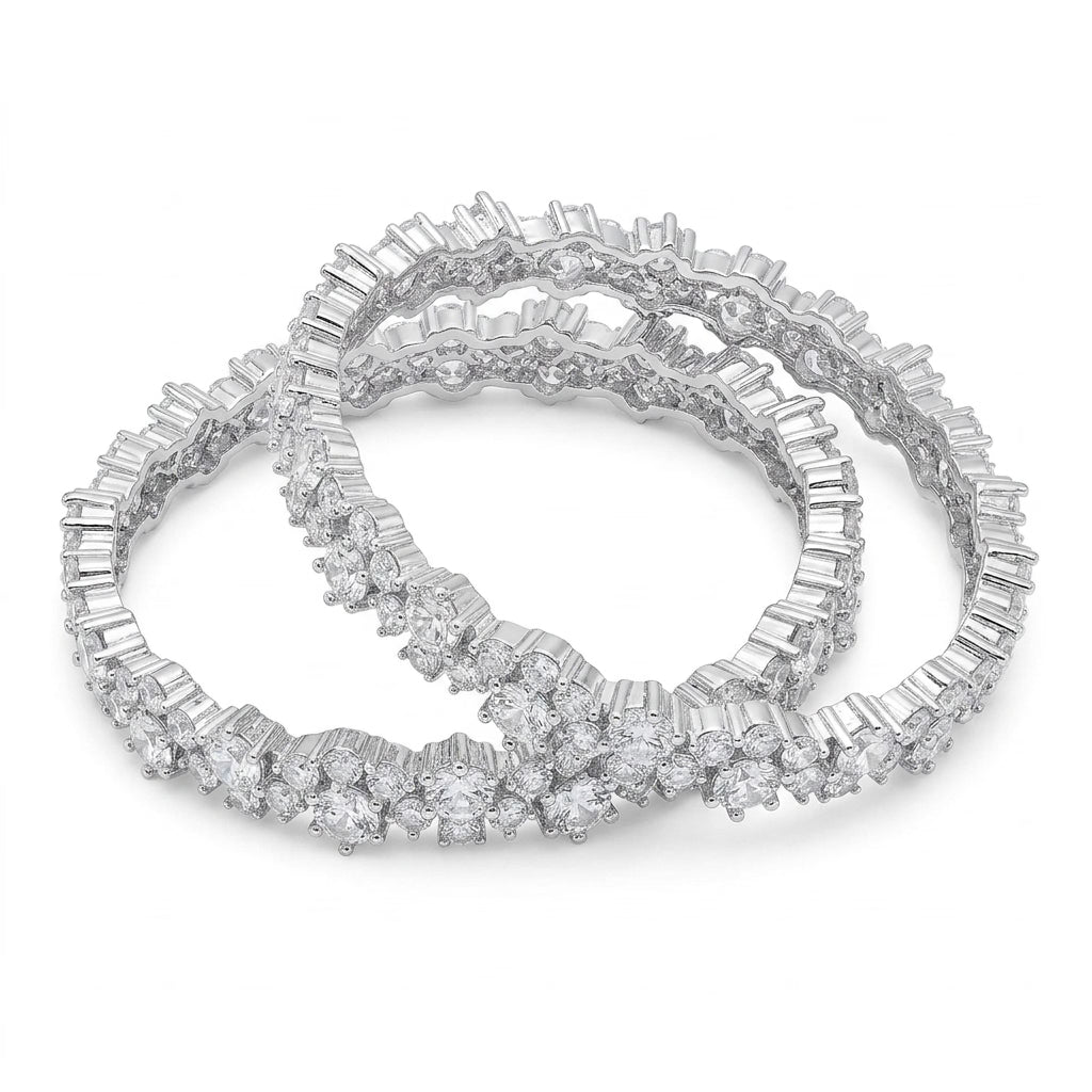 Silver Plated American Diamond Floral Designer Bangles Set for Women
