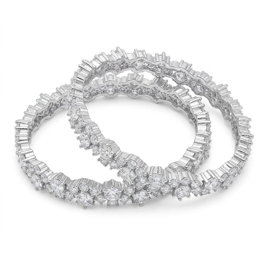 Silver Plated American Diamond Floral Designer Bangles Set for Women