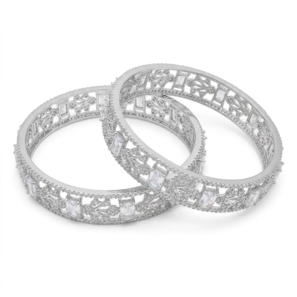 Silver Plated American Diamond Geometric Designer Bangles Set for Women