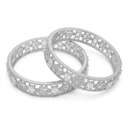 Silver Plated American Diamond Geometric Designer Bangles Set for Women
