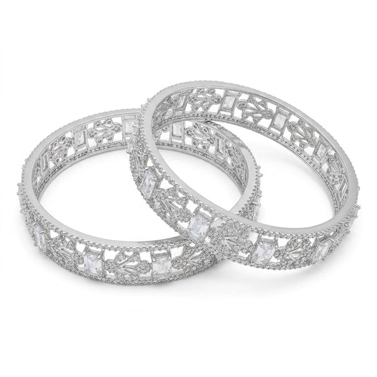 Silver Plated American Diamond Geometric Designer Bangles Set for Women
