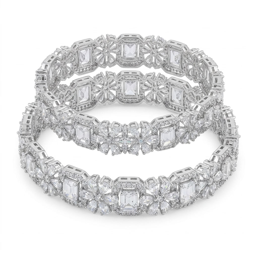 Silver Plated American Diamond Floral Designer Bangles Set for Women