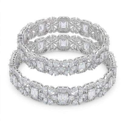 Silver Plated American Diamond Floral Designer Bangles Set for Women