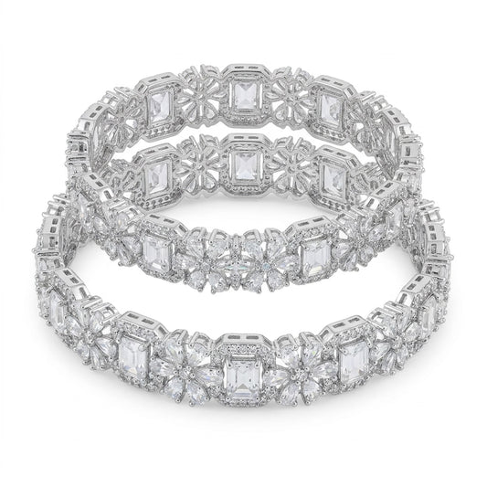 Silver Plated American Diamond Floral Designer Bangles Set for Women