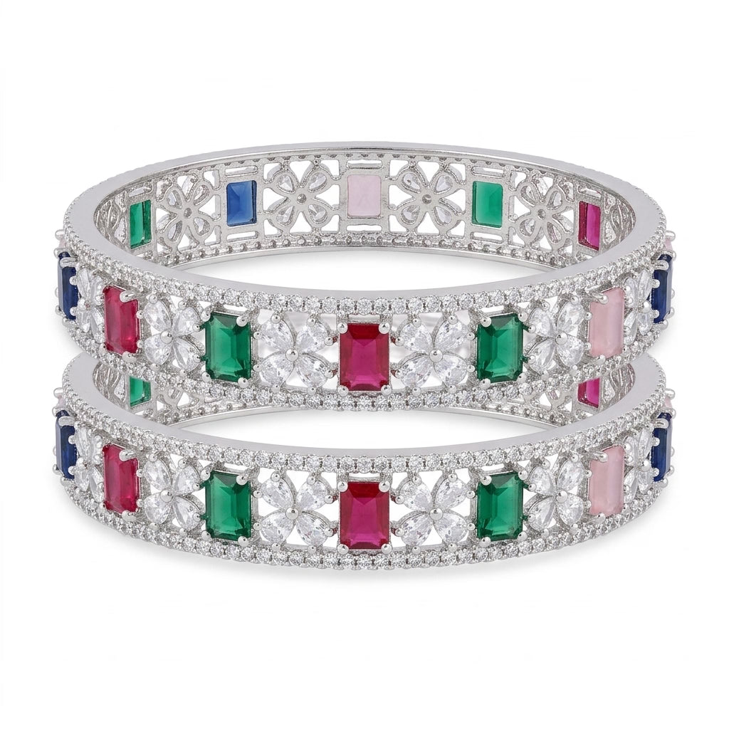 Silver Plated Multicolor American Diamond Designer Bangles Set for Women