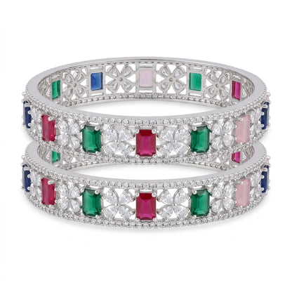 Silver Plated Multicolor American Diamond Designer Bangles Set for Women