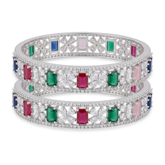 Silver Plated Multicolor American Diamond Designer Bangles Set for Women