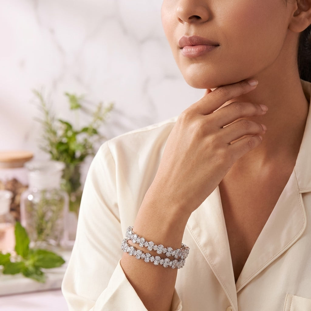 Silver Plated American Diamond Floral Designer Bangles Set for Women