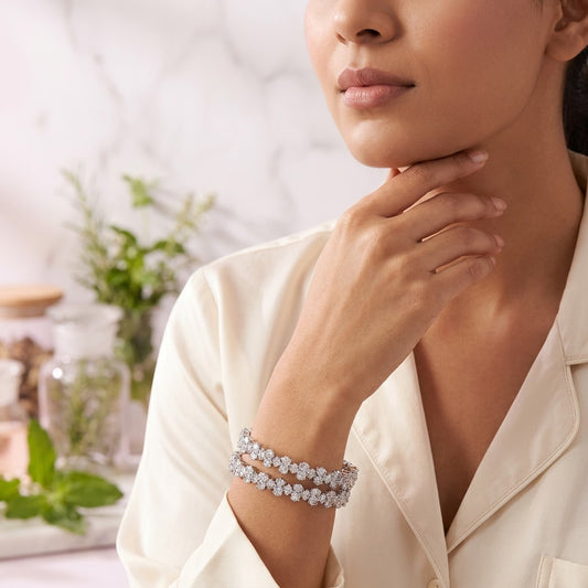 Silver Plated American Diamond Floral Designer Bangles Set for Women