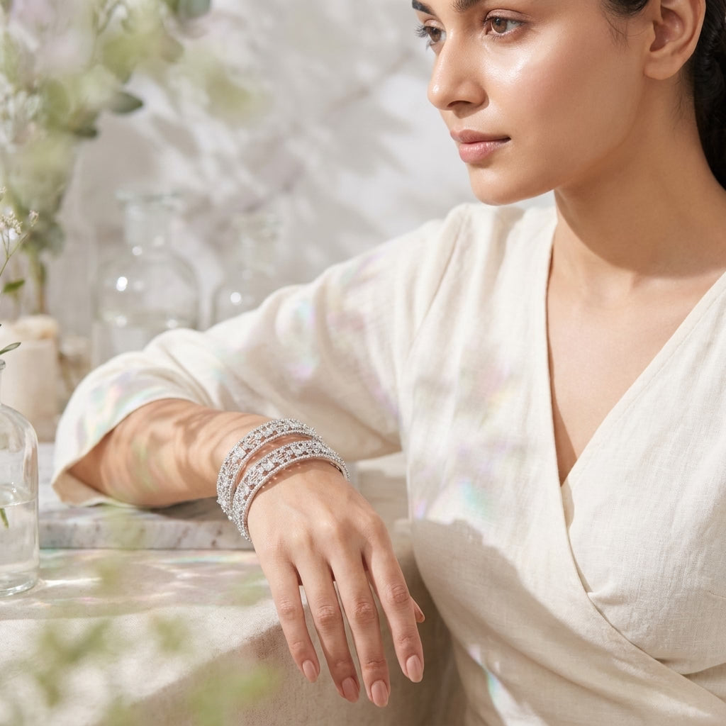 Silver Plated American Diamond Geometric Designer Bangles Set for Women