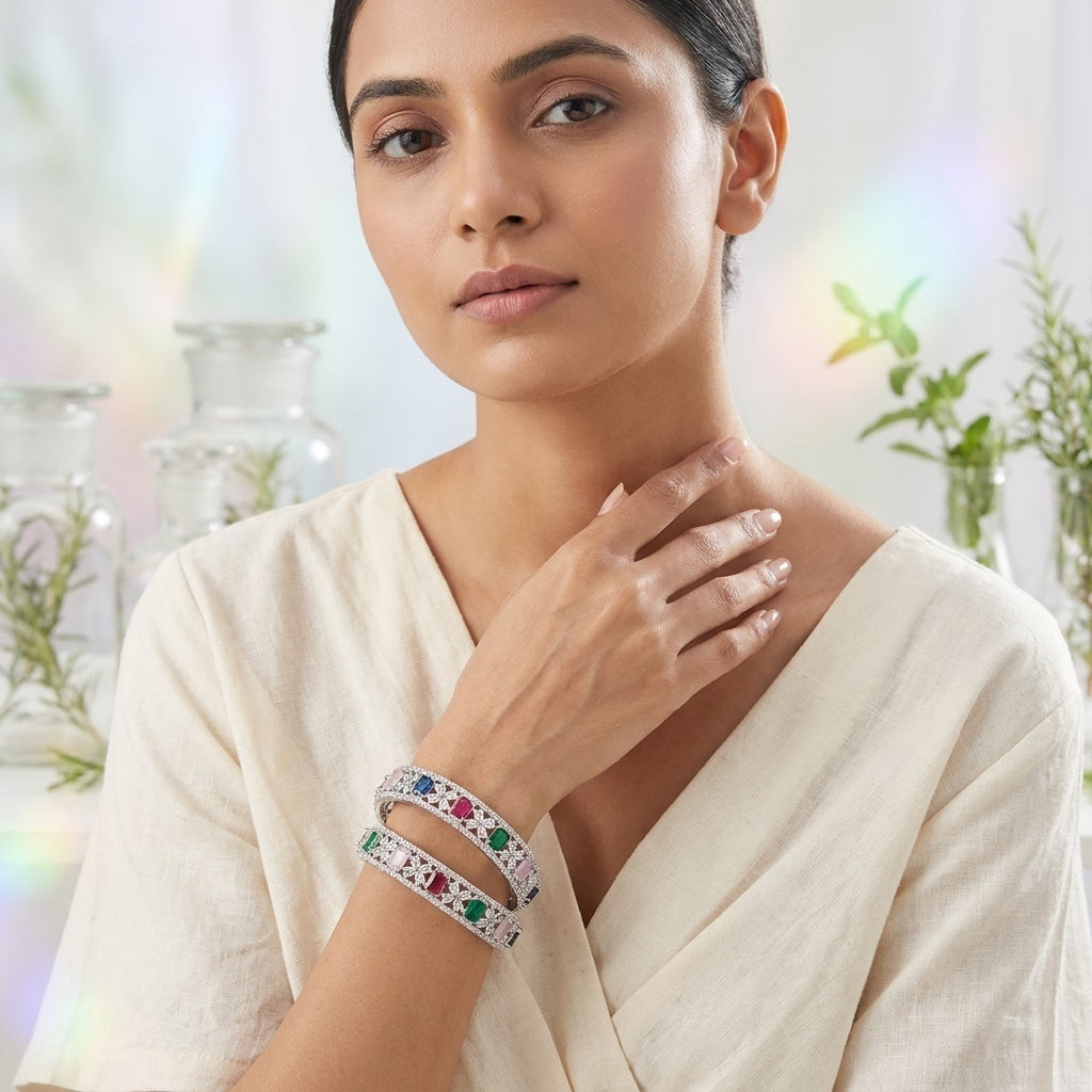 Silver Plated Multicolor American Diamond Designer Bangles Set for Women