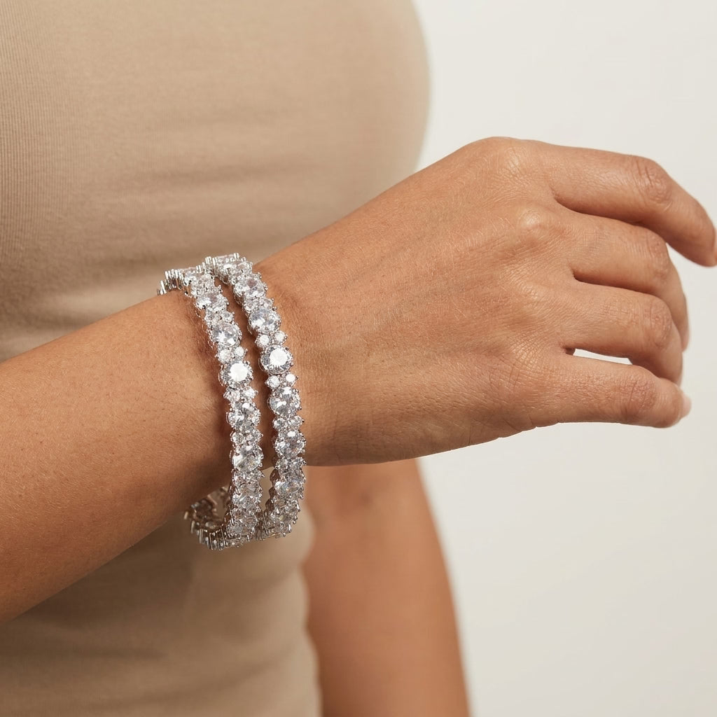 Silver Plated American Diamond Floral Designer Bangles Set for Women