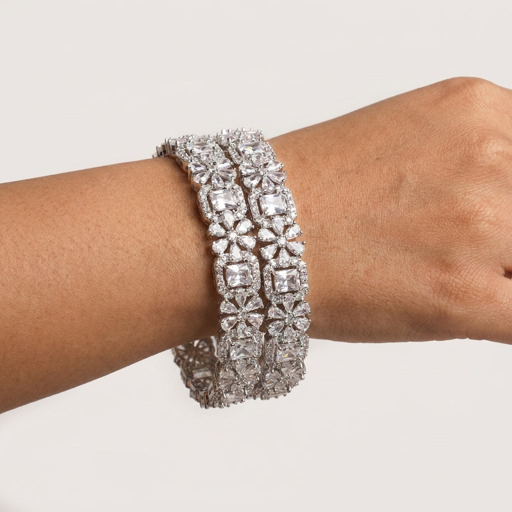 Silver Plated American Diamond Floral Designer Bangles Set for Women